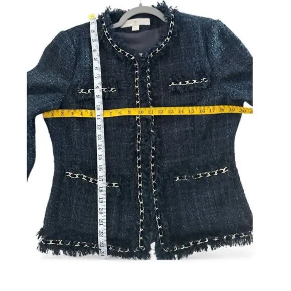 Boston Proper Women's Parisian Tweed Shimmer Chain Fringe Jacket Navy Gold Sz 12 - Picture 6 of 9